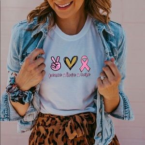 Breast Cancer Pink Ribbon Peace Love Cure Premium Graphic Tee Sublimation Ink